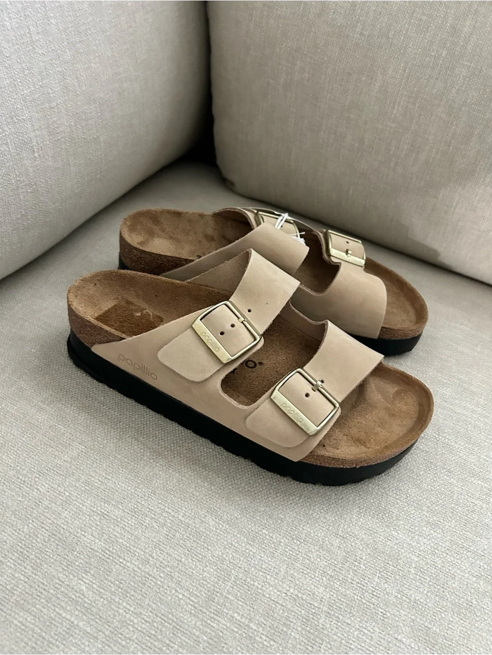 New Birkenstock Arizona Flex Platform Sandals Nubuck Leather Sandcastle